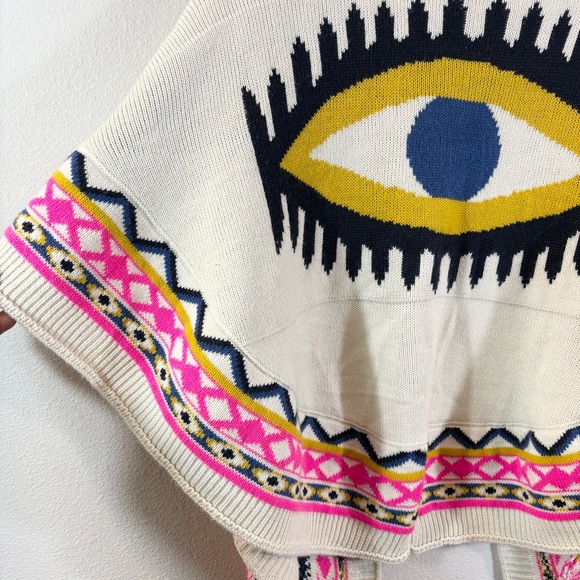 Evil Eye Poncho One Size Cream Pink Multicolor Boho Sweater Knit Wrap Shawl - Picture 8 of 13